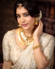 Radiant Actress Nabha Natesh in a Cream Embroidered Saree Temple Jewelry Photos 09