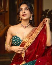 Radiant Actress Nabha Natesh in a Green Red Lehenga Choli Photos 03