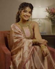 Radiant Anupama Parameswaran in a Golden Pink Silk Saree with a Strapless Blouse Photos 02
