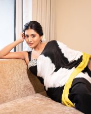 Sexy Actress Rashi Singh in a Black and White Saree with a Yellow Border and Black Bustier Sleeveless Blouse Photos 03