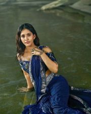 Sexy Beauty Nabha Natesh in a Deep Blue Saree with a Shimmering Silver Border Photos 03