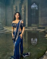 Sexy Beauty Nabha Natesh in a Deep Blue Saree with a Shimmering Silver Border Photos 07