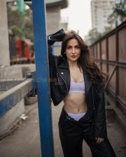 Sexy Elli Avrram in a Light Purple Lingerie with a Black Jacket and Pants Photos 03