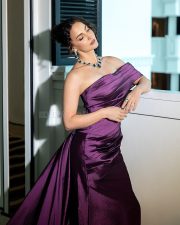 Sexy Hot Model Elli AvrRam in a Dark Purple Strapless Long Dress Photos 02