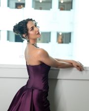 Sexy Hot Model Elli AvrRam in a Dark Purple Strapless Long Dress Photos 03