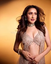 Sexy Pragya Jaiswal in a Shimmering Cream Bralette with a Palazzo and Shrug Photos 03