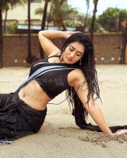 Sexy Rashi Singh Navel in Black Saree Beach Photos 04