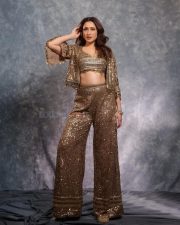 Shimmering Pragya Jaiswal in a Golden Bronze Bustier Crop Top with a High Waisted Wide Leg Palazzo Pants and Cape Jacket Photos 04