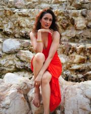 Sophisticated Pragya Jaiswal in a Red Ruched Halter Neck Dress with a Thigh High Slit Pictures 02