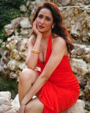 Sophisticated Pragya Jaiswal in a Red Ruched Halter Neck Dress with a Thigh High Slit Pictures 03
