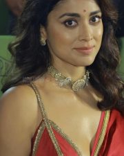 South Indian Beauty Shriya Saran in a Red Saree with Sleeveless Spaghetti Strap Blouse Pictures 01