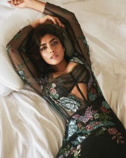 Steamy Mrunal Thakur in a Black Corset Style Bralette with Sheer Multi Colored Floral Embroidered Outfit Pictures 02