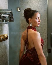 Striking Actress Elli Avrram in a Red Backless Halter Gown Photos 01