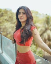 Striking Actress Rashi Singh in a Red Coral Crop Top And Button Skirt Photos 02