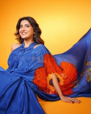 Striking Actress Rashi Singh in a Royal Blue Satin Saree Photos 04