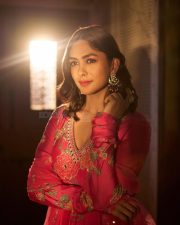 Stunning Beautiful Mrunal Thakur in a Pink Floral Print Anarkali Dress Photos 02