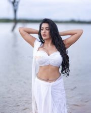 Stunning Kannada Heroine Rashi Singh in a White Strapless Blouse and Saree Pictures 02 Stunning Kannada Heroine Rashi Singh in a White Strapless Blouse and Saree Pictures 02