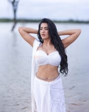 Stunning Kannada Heroine Rashi Singh in a White Strapless Blouse and Saree Pictures 02