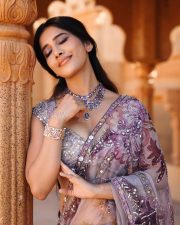 Stunning Nabha Natesh in a Lavender Floral Saree with a Short Sleeved Sequin Blouse Pictures 01