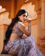 Stunning Nabha Natesh in a Lavender Floral Saree with a Short Sleeved Sequin Blouse Pictures 02