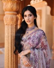 Stunning Nabha Natesh in a Lavender Floral Saree with a Short Sleeved Sequin Blouse Pictures 03