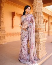 Stunning Nabha Natesh in a Lavender Floral Saree with a Short Sleeved Sequin Blouse Pictures 05
