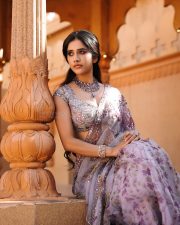 Stunning Nabha Natesh in a Lavender Floral Saree with a Short Sleeved Sequin Blouse Pictures 06