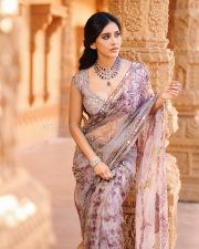 Stunning Nabha Natesh in a Lavender Floral Saree with a Short Sleeved Sequin Blouse Pictures 08