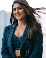 Stylish Mrunal Thakur in a Blue Blazer Suit with a Matching Bralette Photos 02