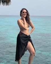 Stylish Pragya Jaiswal in a Black and White Triangle Style Bikini Top with a Sheer Sarong Wrap Pictures 01