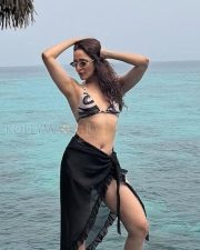 Stylish Pragya Jaiswal in a Black and White Triangle Style Bikini Top with a Sheer Sarong Wrap Pictures 02