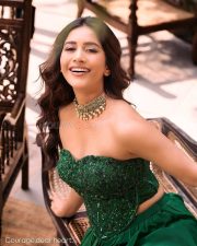 Swayambhu Heroine Nabha Natesh in a Dark Green Strapless Corset Style Top with a Matching Floor Length Skirt Photos 01
