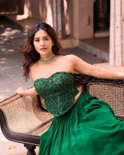Swayambhu Heroine Nabha Natesh in a Dark Green Strapless Corset Style Top with a Matching Floor Length Skirt Photos 02