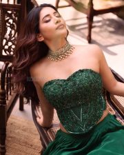 Swayambhu Heroine Nabha Natesh in a Dark Green Strapless Corset Style Top with a Matching Floor Length Skirt Photos 04