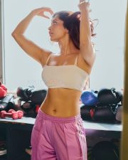 Tempting Hottie Nabha Natesh in a White Strappy Crop Top and Purple Track Pants Photos 06