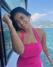 Tollywood Actress Rashi Singh in a Fuchsia Pink Halter Neck Maxi Dress Stills 02