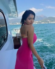 Tollywood Actress Rashi Singh in a Fuchsia Pink Halter Neck Maxi Dress Stills 04
