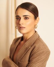 Uber Chic Radhika Madan in a Brown Bralette with a Chequered Cropped Blazer and Skirt Pictures 03