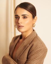 Uber Chic Radhika Madan in a Brown Bralette with a Chequered Cropped Blazer and Skirt Pictures 03