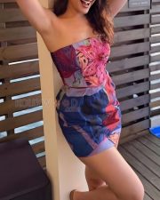 Vivacious Actress Pragya Jaiswal in a Blue Abstract Print Mini Dress Photos 02