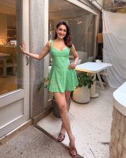 Vivacious Actress Pragya Jaiswal in a Green Check Sweetheart Mini Dress Photos 01