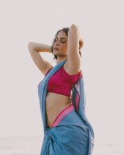 Winsome Actress Elli AvrRam in a Blue Polka Dot Saree with Pink Blouse Photos 03