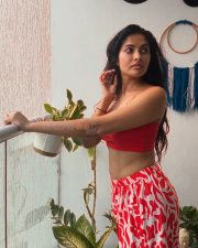 1000 Words Actress Divi Vadthya in a Red Ribbed Crop Top with a Red and White Printed Straight Cut Pants Pictures 02