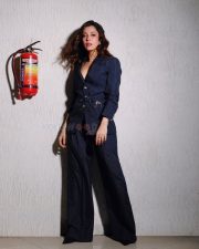 A Legal Affair Actress Barkha Singh in a Navy Blue Striped V Neck Asymmetric Long Sleeve Jacket and Wide Leg Pants Suit Photos 03