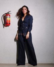 A Legal Affair Actress Barkha Singh in a Navy Blue Striped V Neck Asymmetric Long Sleeve Jacket and Wide Leg Pants Suit Photos 03