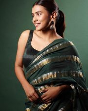 Aadya Actress Hebah Patel in a Green Silk Saree Photos 04