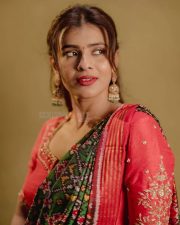 Aadya Heroine Hebah Patel in a Traditional Red and Green Half Saree with a Red Embroidered Blouse and Green Patola Dupatta Photos 03