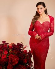 Actress Aamna Sharif in a Red Lace Dress with a Corset Style Neckline Pictures 01