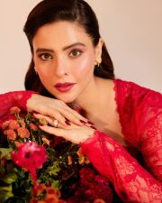Actress Aamna Sharif in a Red Lace Dress with a Corset Style Neckline Pictures 02