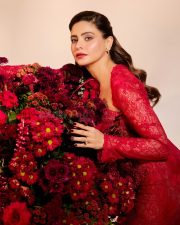 Actress Aamna Sharif in a Red Lace Dress with a Corset Style Neckline Pictures 03